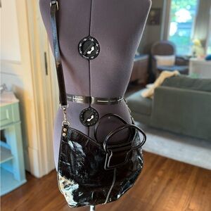 HOBO Black Patent Leather Shoulder Bag with Top Handles